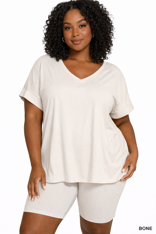 The Day Off Set | Buttery Soft V Neck Top and Biker Shorts Set