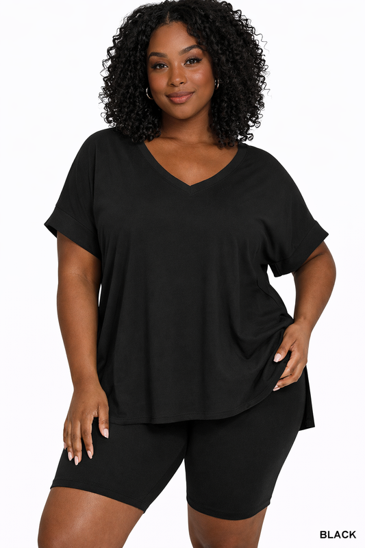 The Day Off Set | Buttery Soft V Neck Top and Biker Shorts Set