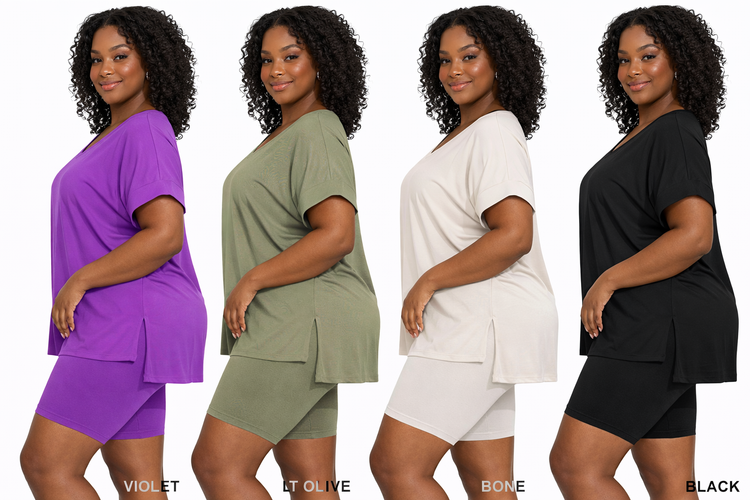 The Day Off Set | Buttery Soft V Neck Top and Biker Shorts Set