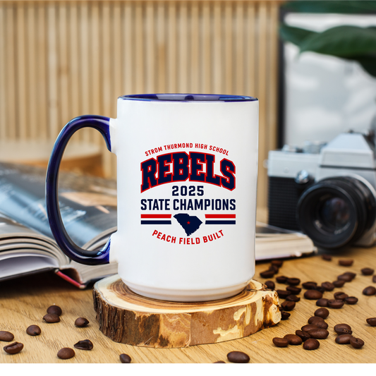 STHS Rebels 2025 State Champions Commemorative 15oz Mug – Navy Handle & Trim
