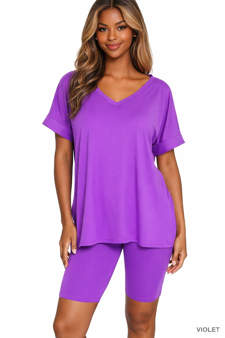 The Day Off Set | Buttery Soft V Neck Top and Biker Shorts Set
