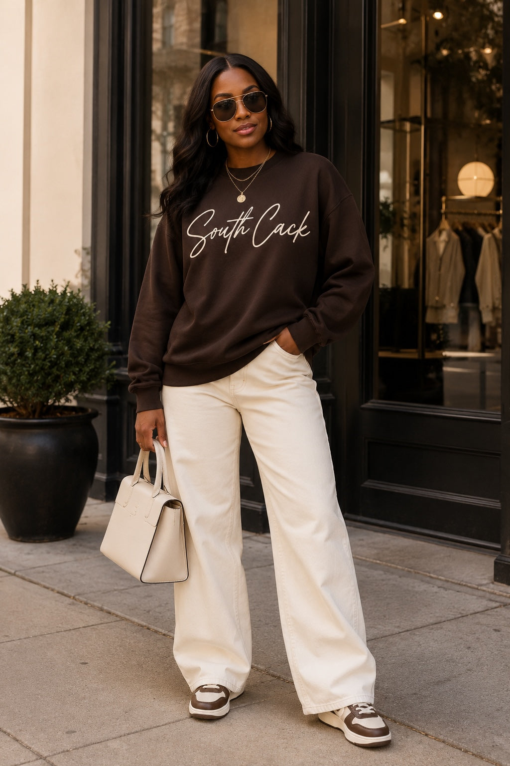 Woman wearing a saysomethingteez brown crewneck sweatshirt with South Cack script graphic, white wide-leg jeans, and sneakers.
