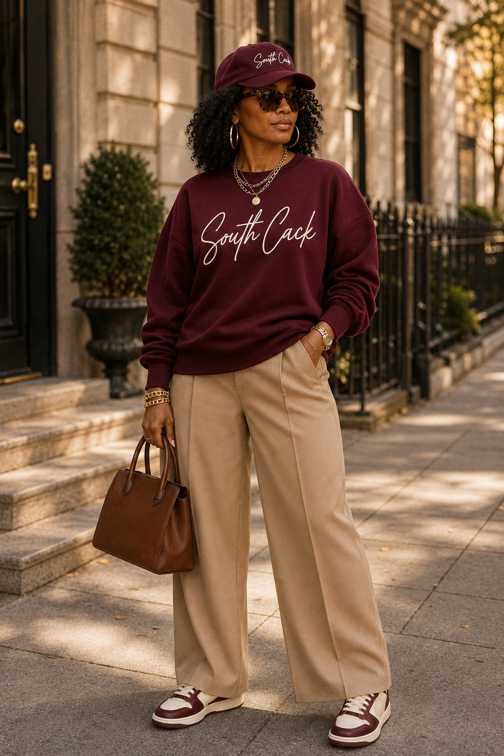 saysomethingteez burgundy South Cack crewneck sweatshirt worn with beige trousers and a matching baseball cap