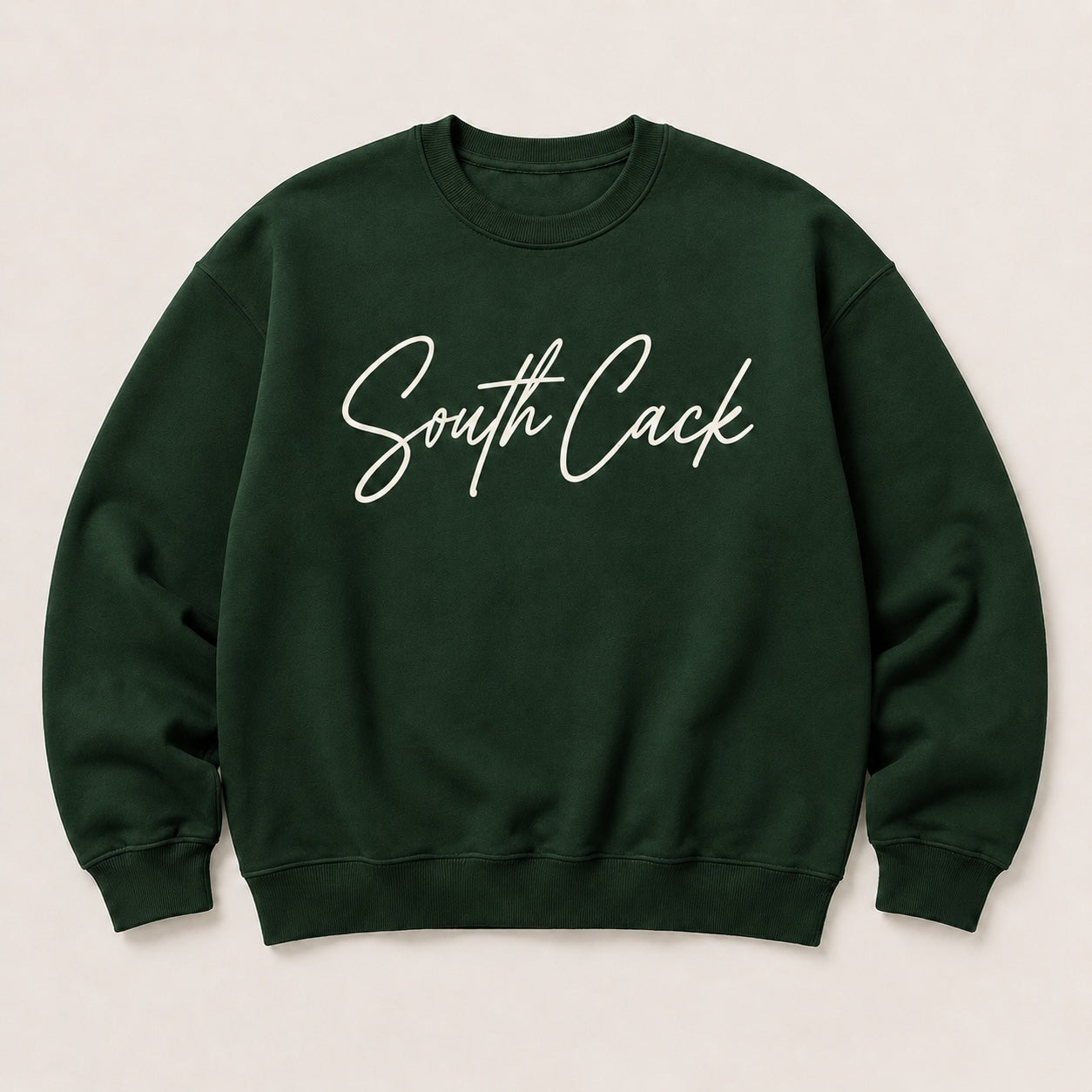 saysomethingteez dark green crewneck sweatshirt with white South Cack script graphic on chest and ribbed trim