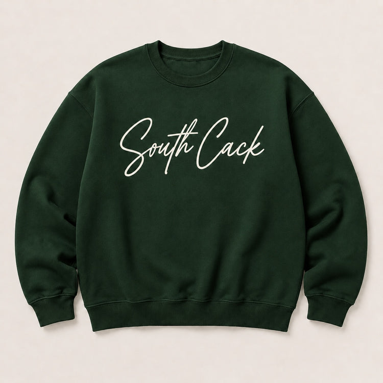 saysomethingteez dark green crewneck sweatshirt with white South Cack script graphic on chest and ribbed trim