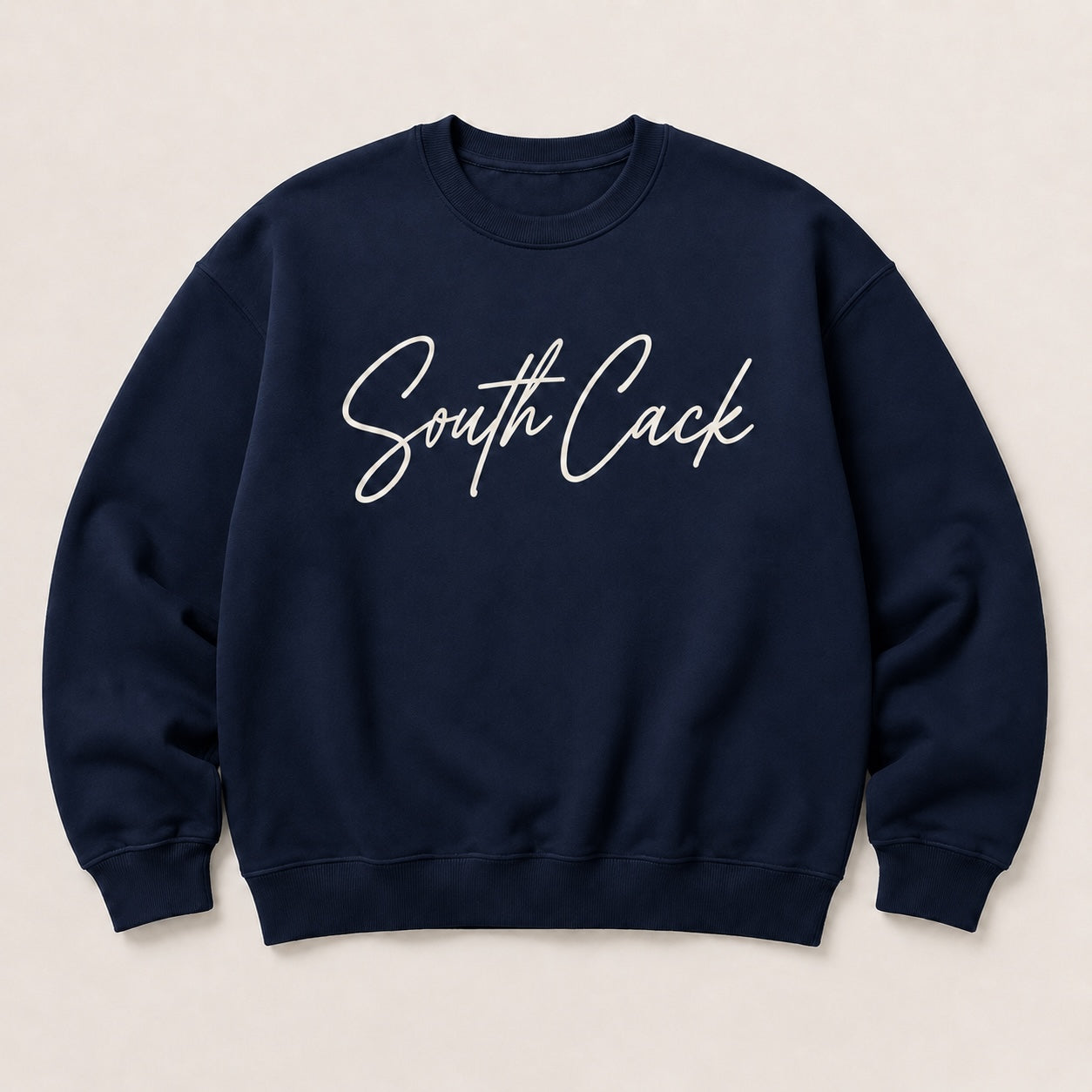saysomethingteez navy blue crewneck sweatshirt with white South Cack script graphic on the chest