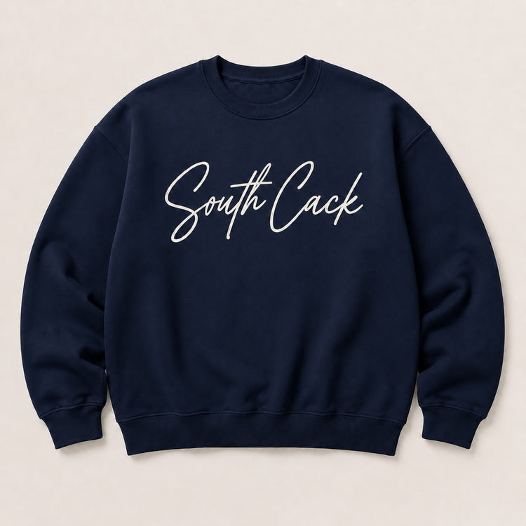 saysomethingteez navy blue crewneck sweatshirt with white South Cack script graphic on the chest